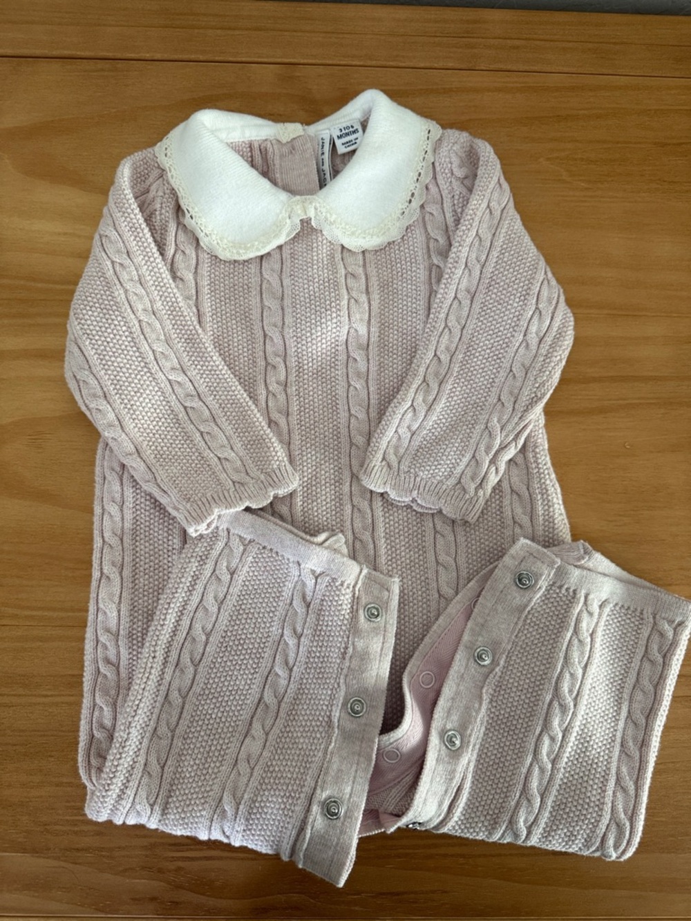 Janie and Jack Pale Pink Cable-Knit Romper with White Peter Pan Collar